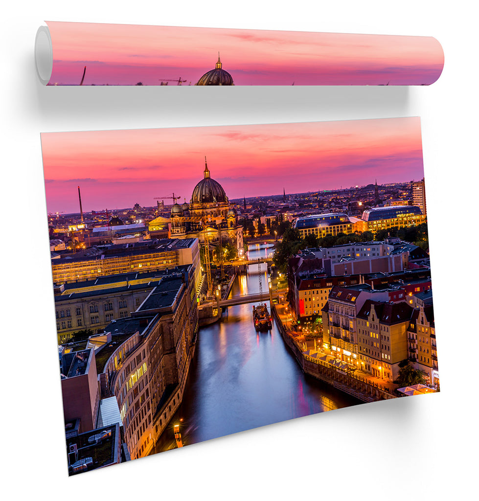 Berlin City Skyline River Pink Framed