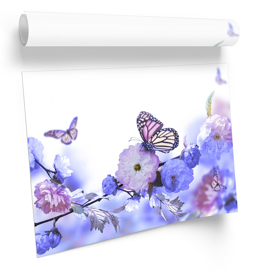 Purple Butterfly Floral Flowers Framed