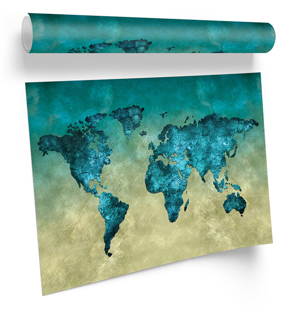World Map Modern Turquoise Framed