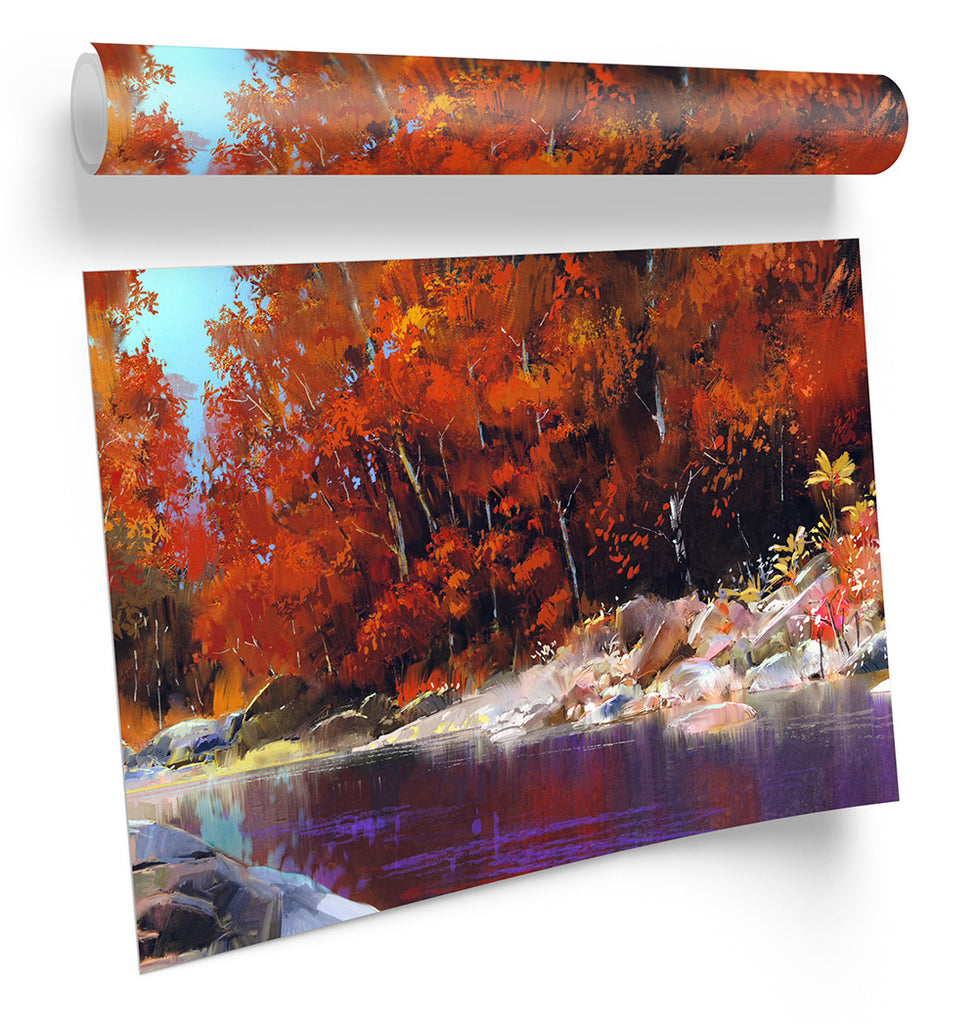 Orange Forest River Landscape Framed