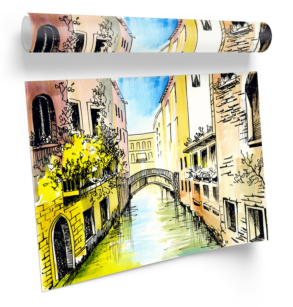 Venice Canal Bridge Illustration Multi-Coloured Framed