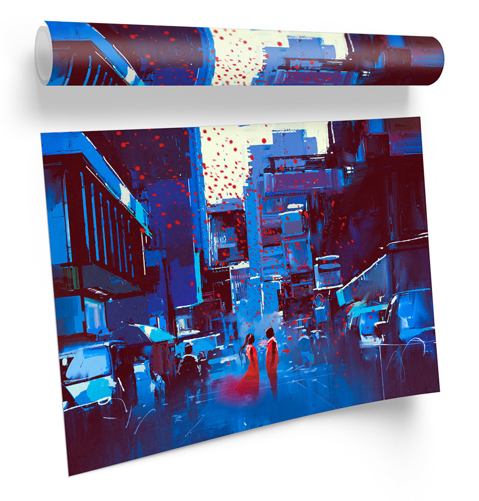 City Life Streets Red Couple Blue Framed