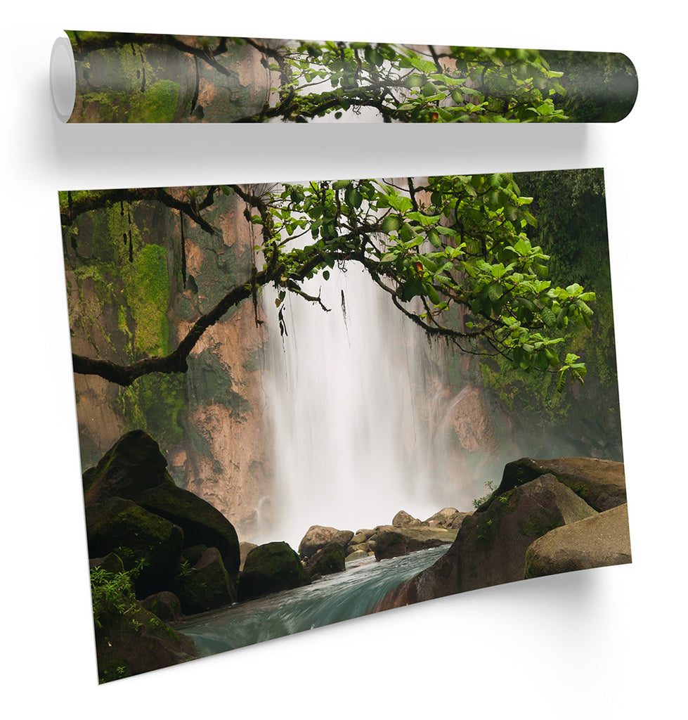 Waterfall Mountains Forest Landscape Framed