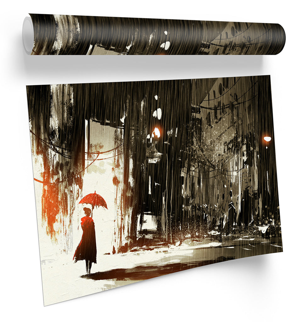 Red Umbrella Rain City Girl Framed