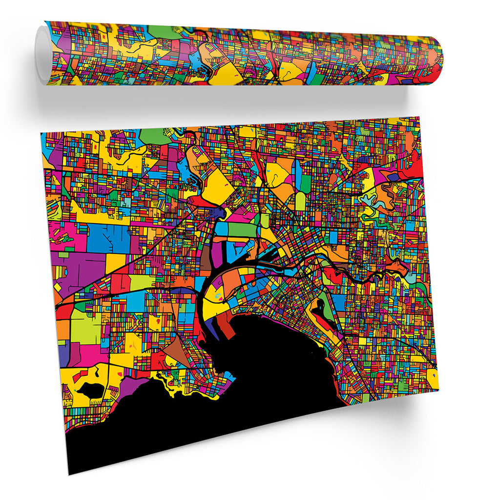 Melbourne City Modern Map Multi-Coloured Framed