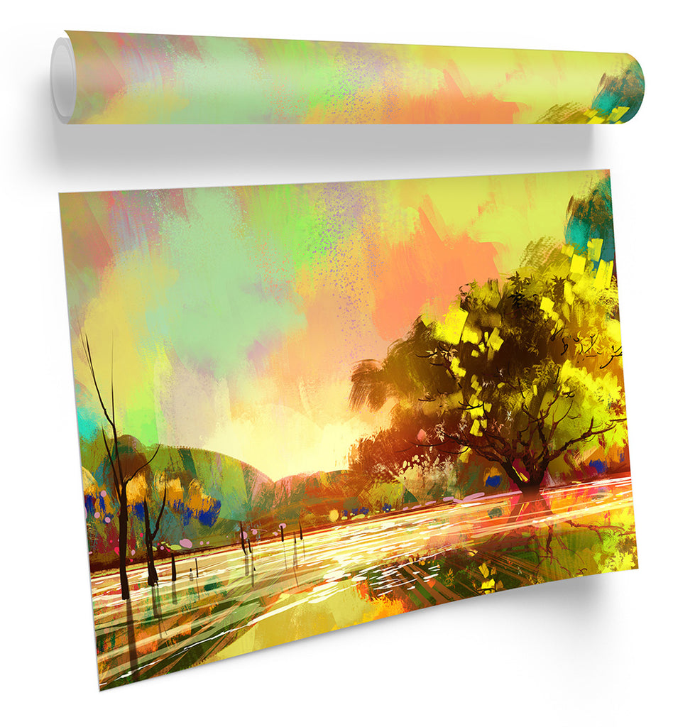 Sunset Landscape Multi Coloured Framed
