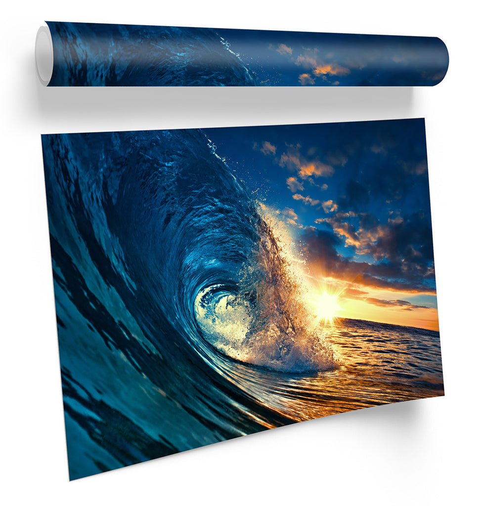Crashing Ocean Wave Surf Blue Framed