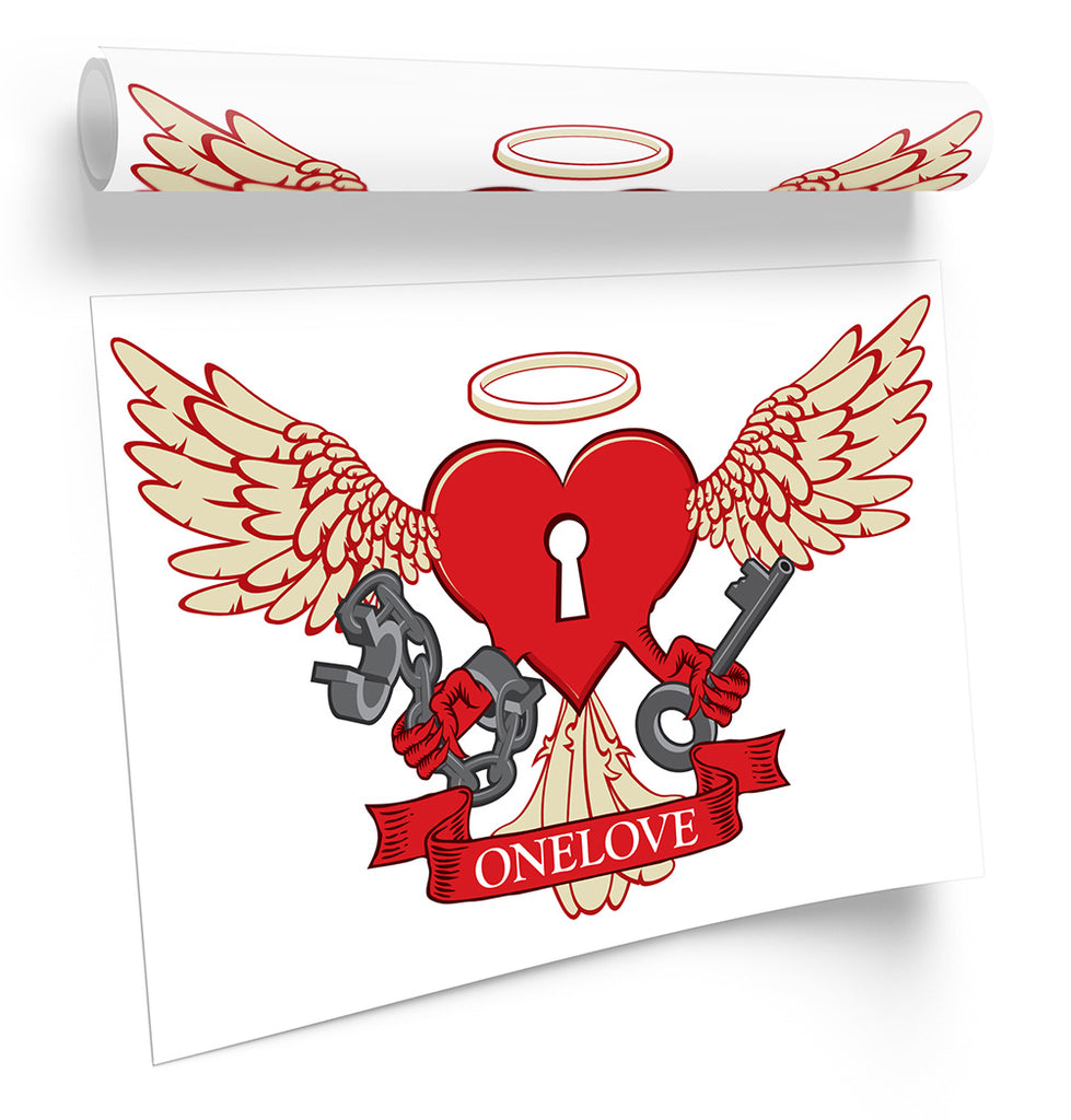 One Love Heart Angel Wings Red Framed