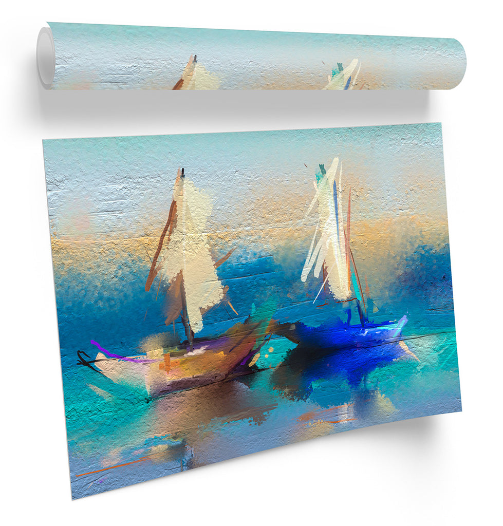 Sail Boats Blue Abstract Framed