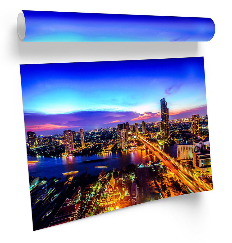 Bangkok Skyline Thailand Blue Framed